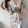 Jurk Mode Vrouwen Chique Jurk Vintage Bloem Gedrukt Satijn Elegante Lange Jurken V-hals Hoge Taille Kimono Zomer Dame Gewaad jurken G537