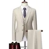 Moda masculina lazer boutique cor sólida fino ajuste terno calças 3 pçs conjunto masculino casual vestido blazers jaqueta calças colete 240227