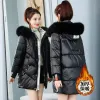 Parkas Glossy Waived Wash Winter New Loose Korean Version Medium Long Down Cotton Coat Big Hair Collar Hat Can Unload Padded Jacket