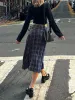 Dresses Rockmore Vintage Stripe Plaid Midi Skirt Women Y2k Aesthetic Low Waist Aline Long Pleated Skirts Female Haruku Preppy Style