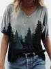 T-shirts Femmes 2024 Été Femmes Manches courtes Paysage Imprimer Chemise Casual Streetwear Col V Poches Lâche Tee Tops Taille 3XL Dames Tees