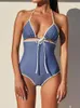 Kvinnors badkläder 2024 Solid Hollow Out One-Piece Suits Halter Bodysuit High Cut Bathing Suit Triangle Sexig String Women