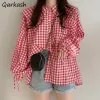 Shirt Shirts Vrouwen Plaid Peter Pan Kraag Tops Design Kleding Allmatch Meisjes Mooie Puffsleeve Koreaanse Stijl Populaire Tender Trendy