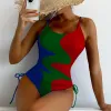 Badmode Nieuwe 2023 Sexy Kleurblok Trekkoord Eendelig Badpak Vrouwen Print Badmode String Badpak Strandkleding Monokini bodysuit