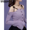 Cardigans Sling Slash Neck Crop Top Flare Sleeve Hotsweet Pure Desire Purple Women's Tshirt Thin Cardigan Korean Fashion Egirl Summer