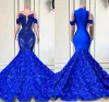 Cascading Rose Flowers Royal Blue Prom Dresses Sexy Mermaid Halter Neck Beads Sequins Appliques Long Evening Gowns Formal Ocn Vestidos Bc18313