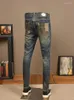 Jeans da uomo Pantaloni da moto casual lavati con patch skinny retrò nostalgici strappati belli elasticizzati slim fit