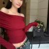 T-Shirts Sexy Tops Off Shoulder Long Sleeve Knit Crop Top Women's Autumn/Winter 2023 New Spicy Girl Slim Fit Short Red Tshirt