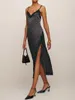 Casual Dresses Women s Lace Trim Slip Bodycon Dress Spaghetti Strap V Neck Long Satin Silk Midi For Cocktail Party Club