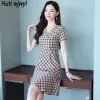 Dress Summer Red Plaid VNeck Midi Mermaid Dress Women Elegant Bodycon Office Lady Dress 2023 Korean Vintage Casual Party Chic Dresses