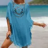 Cover-up feminino praia blusa cor sólida oco para fora do biquíni cobrir ups feminino senhoras borla mão crochê malha beachwear blusa topos