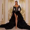 Black Beaded Long Sleeves Prom Dresses Sheer Plunging Neck Sequined Side Split Evening Gowns Tiered Sweep Train Tulle Formal Dress 0305