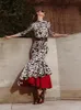 Двухслойное платье миди с оборками «рыбий хвост» Элегантное платье с круглым вырезом и длинными рукавами Vestidos 2024 Шикарное тонкое женское платье для ужина 240304