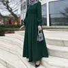 Roupas étnicas Muçulmano Robe Islâmico Caftan Vestido Abaya Mulheres Puff Manga O-pescoço Cor Sólida Cintura Alta Grande Balanço Kaftan