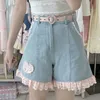 Kadın Şortları Pembe Dantel Ruffles Patchwork Kısa Kot pantolon Y2K High Street Açık Mavi Tatlı Ekose Kadın Denim Yaz İnce Fermuarı Koreli