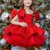Vestido vermelho de lantejoulas com ombro de fora, vestido curto de flores para meninas, vestido de baile de princesa, vestidos para meninas