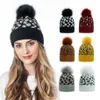 Nuovo berretto da donna autunnale caldo inverno con stampa leopardata cappello lavorato a maglia di lana tinta unita berretto da sci con pompon di lana233j