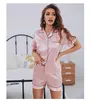 Womens Silk Satin Pyjama Set Short Sleeved Two-Piece PJ Set Pyjama Casual Wear Buttons 240306