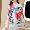 Blouses pour femmes Style chinois amélioré Cheongsam Peony Imprimer Top plissé pour les femmes 2024 Été Rétro Collier Miyake T-shirt