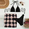 Roupa de banho feminina 3 pçs/set halter alças ajustáveis push-up bikini saia conjunto cor sólida micro sutiã bottoms geometria impressão terno para natação