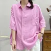 Chemisiers pour femmes chemises en lin et coton surdimensionné grande taille Blouse sociale Mori fille Style japonais bref chemise rose unie grands hauts