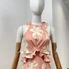 Casual Dresses Resort Style 2024 Linen Pink Ivory Floral Tie Back Frills Patchwork Cutaway Waist Sleeveless Mini Dress