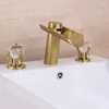 Bathroom Sink Faucets Good Quality Brass Vanity Waterfall Faucet 2-Crystal Handles 3-Hole Widespread Cold Tap (Brushed Gold)