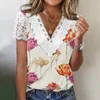 Kvinnors T-skjortor 2024 Spring/Summer Lace Hollow Panel Tryckt V-Neck Flower Short Sleeve Top T-shirt