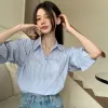 Shirt Turndown Collar Shirts Women Sideslit Asymmetrical Blue Striped Korean Style New Arrive Autumn Tops Trendy Office Lady Simple