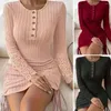 Lässige Kleider für Damen, Herbst, einfarbig, schmale Passform, figurbetontes Kleid, O-Ausschnitt, Knöpfe, halbe Knopfleiste, lange Ärmel, Spitzennähte, seitlicher Kordelzug, gerippt