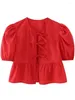 女性のブラウスファッション女性のためのヒョウのシャツ2024スプリングルーズパフスリーブブラウス女性エレガントレースアップシックなクロップドトップフリル