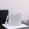 Bolsos de hombro de satén con adornos de cristal de imitación, bolso tipo cubo de diseñador para mujer