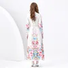 Élégant Floral Blanc Cardigan Maxi Robe Femmes À Manches Longues Designer Col Montant Robes Imprimées Dames Boutonné A-ligne Casual Beach Party Robes Vêtements Printemps