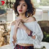 Blouse Gypsy Blouse Off Shoulder White Blouses Summer Beach Sexy Shirts RufflesThree Quarter Sleeve Female Tops Shirt Cutwork Crop Top