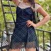 Casual Dresses 2024 Checkered Mesh Eyeliner Short Skirt Summer Sleeveless Mini Dress Women Lace-up Backless Plaid Print Ladies