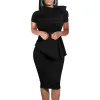 Klänning 2023 Casual Summer High Quality Bow O Neck Short Sleeve Slim Midi Dress Lady BodyCon Offic Work Dresses for Women Professional