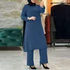 Quality 2023 New Middle East Muslim Solid Color Long Sleeved Side Sewn Decorative Wooden Buckle Rubber Waist Women's Set in Stock