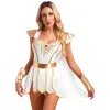 Vestidos Antiga Imperatriz Romana Traje Deusas Gregas Outfits Mulheres Bodysuit Metálico Minissaia Pulseiras Set Halloween Toga DressUp