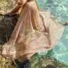 カバーアップセクシーな光沢のあるメッシュビーチドレスシアーロングウィメンカバーグリッターチュニック女性ゴールデン水着ビキニサロン水着スリングドレス