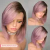 Hair Wigs Purple Straight Bob Wig Brazilian Lace Part Human Hair Wig For Women HD Highlight Wig Glueless Lace Front Wig With Bangs 240306