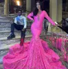 Fuchsia Pink Mermaid Long Prom Dresses2024 African Black Girl Long Sleaves Sparkly Sequinin