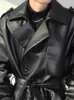 Mauroicardi Spring Autumn Long Oversized ArmyGreen Black Faux Leather Trench Coat Men Sashes Loose Luxury Designer Clothes 240223