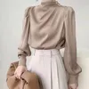 BLOUSES Women Retro Elegant Design Folds Casual All-Match Office Ladies Korean Style Autumn Fashion Tender Simple Button 240223