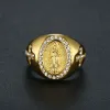Religijne chrześcijańskie katolickie dziewicze Mary 14K Złote Pierścienie dla mężczyzn Hip Hop Biżuteria Rhinestones Gold Plaked Punk Rock Ring
