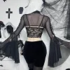 Chemise haussements d'épaules manches longues cloche boléro col chemise maille pure culture hauts femmes voir à travers Sexy couvrir été Punk sans Tube noir