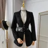 Moda passarela todas as estações mulheres entalhado manga longa casaco de metal botão cintura moldar preto branco espartilho blazer 240226