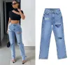 Jeans dritti jeans elasticizzati da donna 2023 tendenza blu vita alta strappati moda casual streetwear pantaloni in denim pantaloni larghi da donna