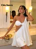 Elegant White One Shoulder Hollowed Out Mini Dress with Strapless Vest Women Fashion Backless Satin Robe Sexy Lady Date Vestidos