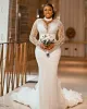 Plus Size Arabic Aso Ebi Sheer Neck Mermaid Wedding Dress Long Sleeves Sexy Bridal Gowns Dresses Custom Made