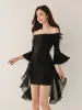 Jurk Koreaanse mode zwarte korte avondjurk elegante mooie vrouwen kleding chic sexy offshoulder slanke mini party prom mujer vestidos